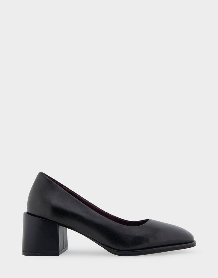 Comfortable Women's Mid Heel Pump in Black Genuine Leather Side View