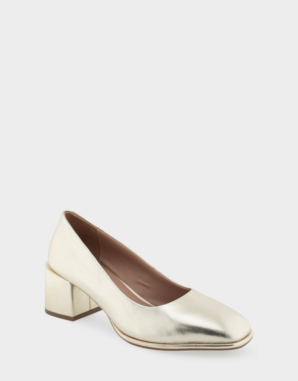Comfortable Women's Mid Heel Pump in Gold Genuine Leather Side Angle View