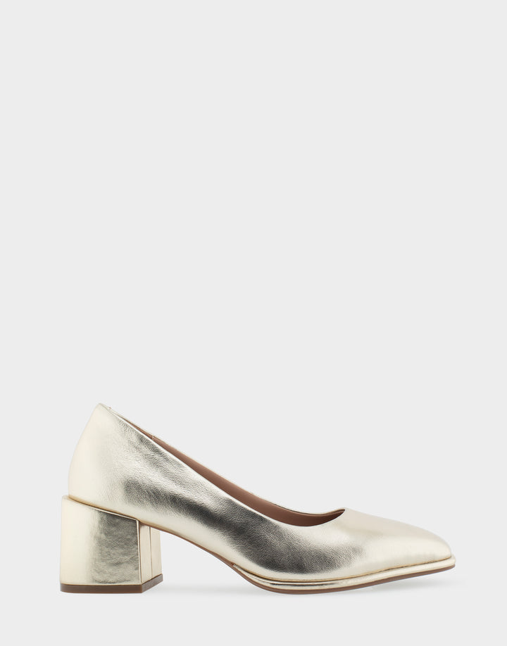 Comfortable Women's Mid Heel Pump in Gold Genuine Leather Side View