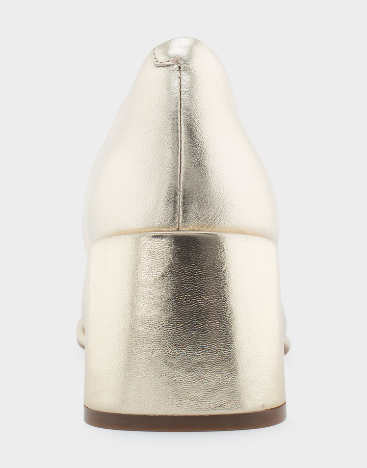 Comfortable Women's Mid Heel Pump in Gold Genuine Leather Back View