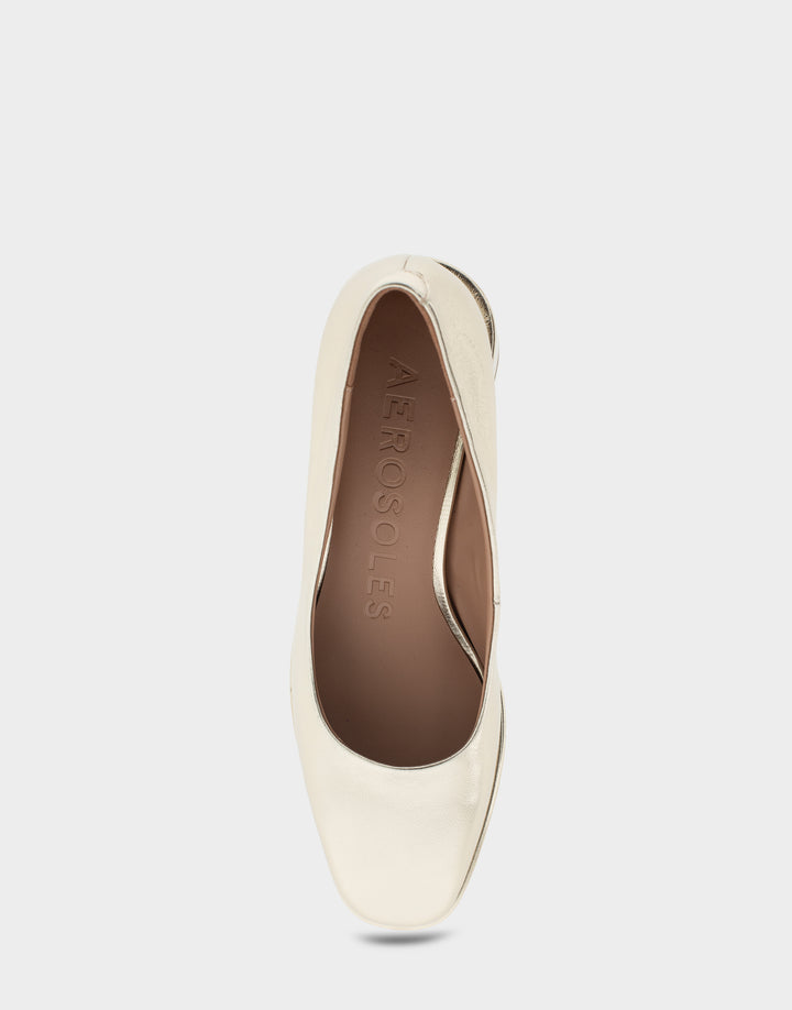 Comfortable Women's Mid Heel Pump in Gold Genuine Leather Full Front View
