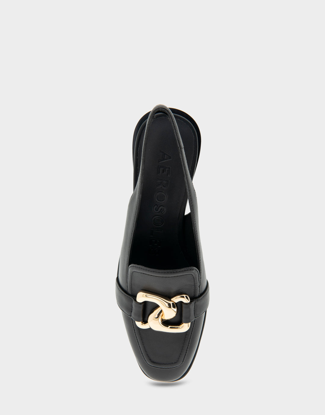 Comfortable Women's Ornamented Block Heel Slingback in Black Leather Full Front View