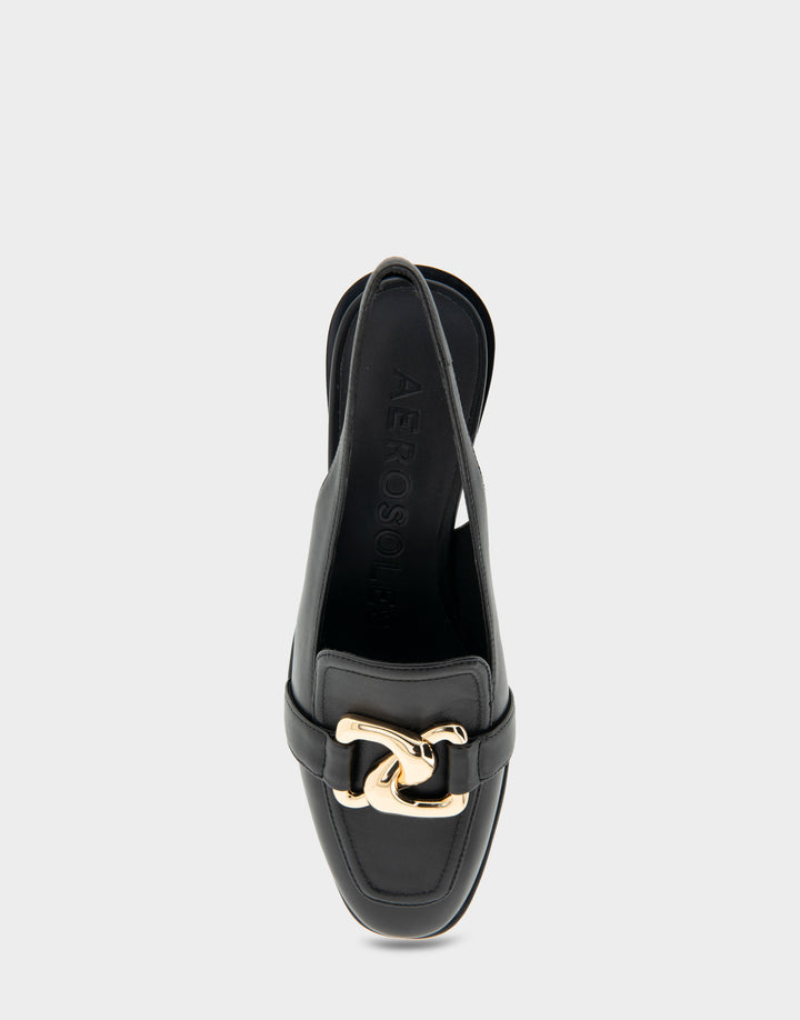 Comfortable Women's Ornamented Block Heel Slingback in Black Leather Full Front View