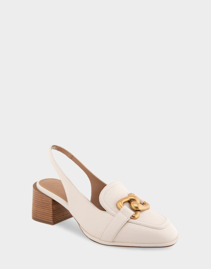 Comfortable Women's Ornamented Block Heel Slingback in Eggnog Leather Side Angle View