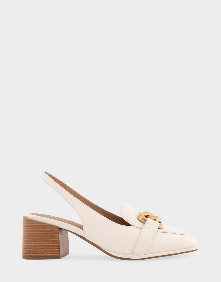 Comfortable Women's Ornamented Block Heel Slingback in Eggnog Leather Side View