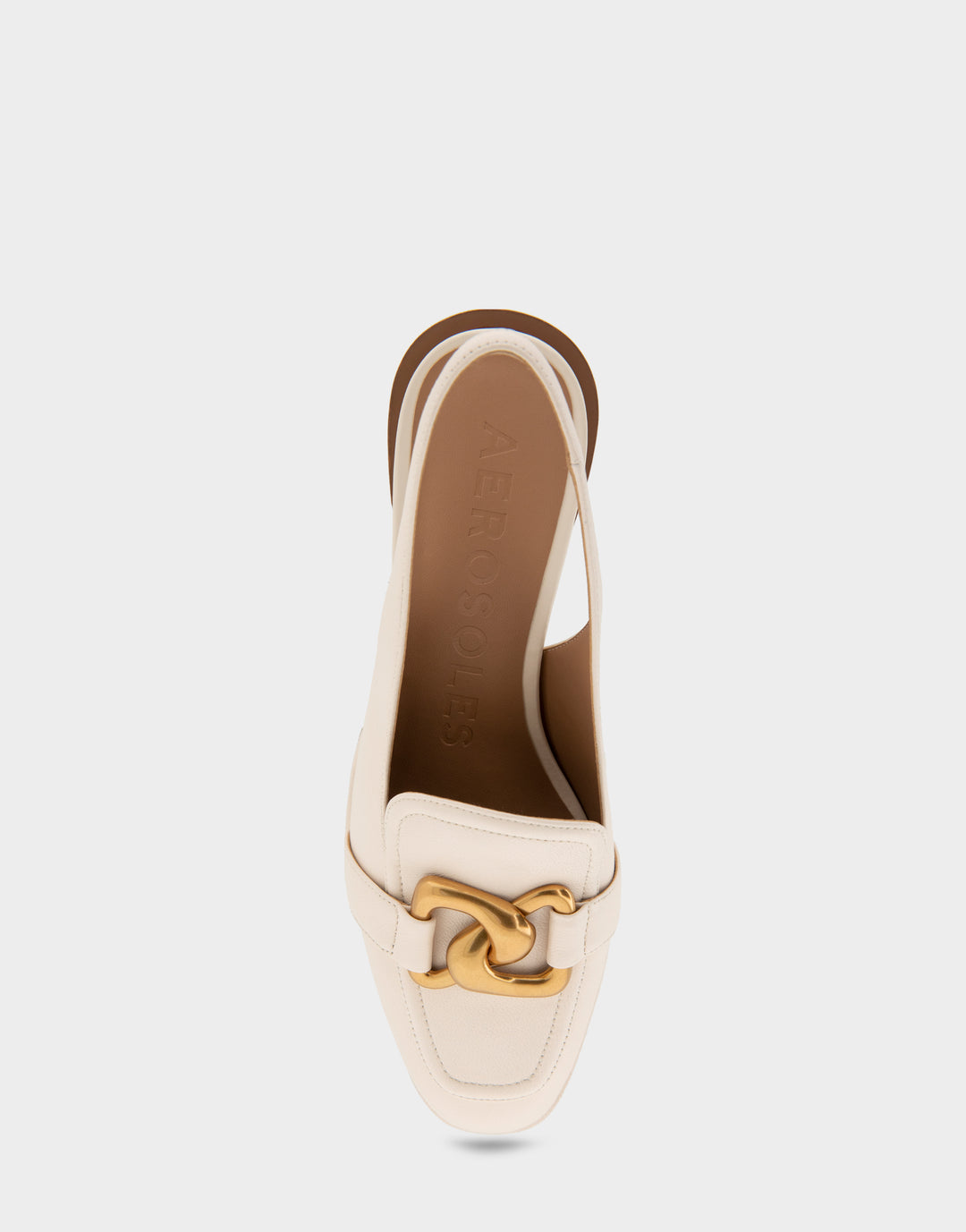 Comfortable Women's Ornamented Block Heel Slingback in Eggnog Leather Full Front View