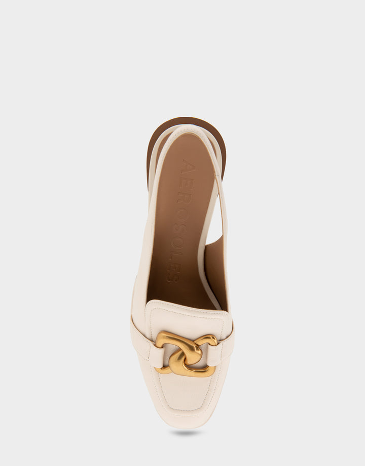 Comfortable Women's Ornamented Block Heel Slingback in Eggnog Leather Full Front View