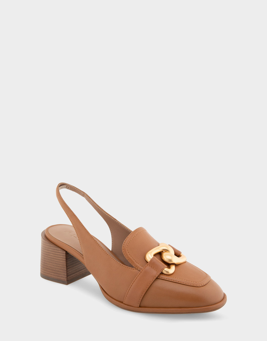 Comfortable Women's Ornamented Block Heel Slingback in Tan Leather Side Angle View