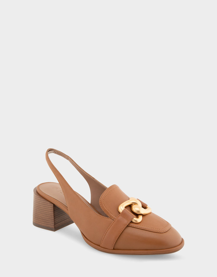 Comfortable Women's Ornamented Block Heel Slingback in Tan Leather Side Angle View