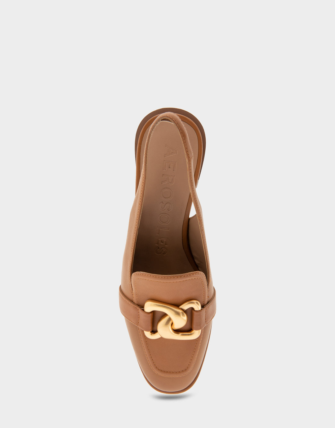 Comfortable Women's Ornamented Block Heel Slingback in Tan Leather Full Front View