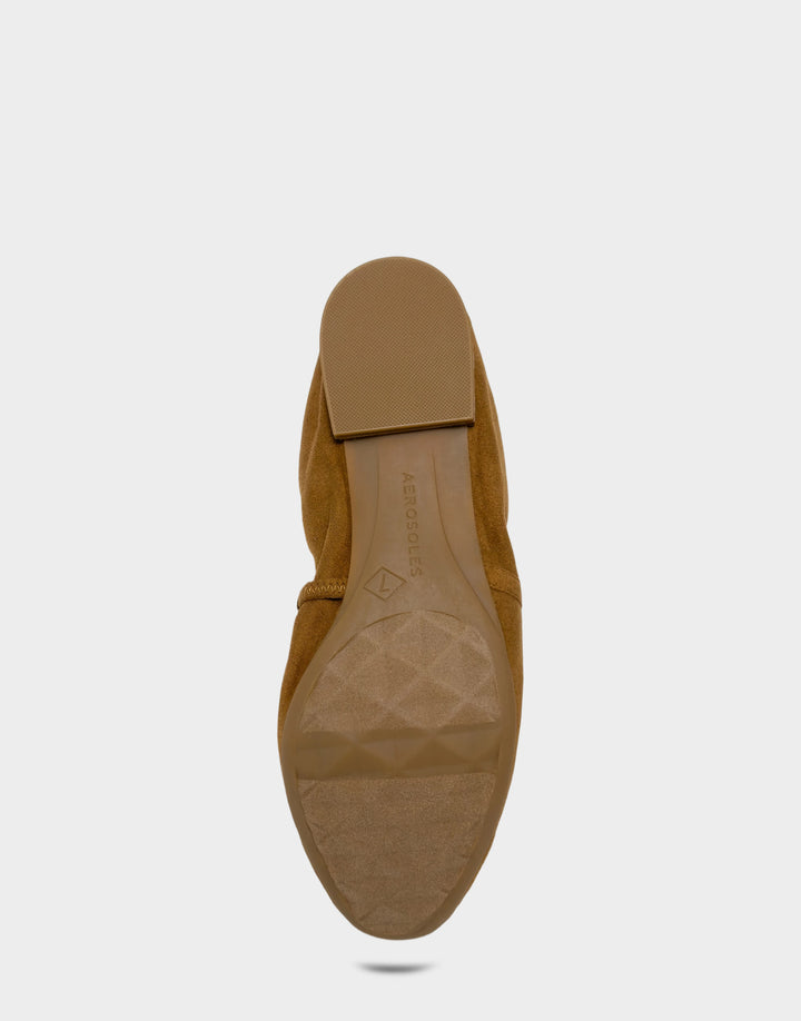 Comfortable Women's Dress Flat in Tobacco Faux Suede Bottom View