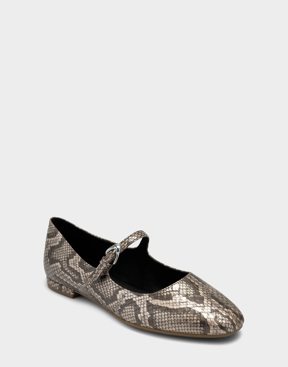 Comfortable Women's Flat In Champagne Snake Print Faux Leather Side Angle View