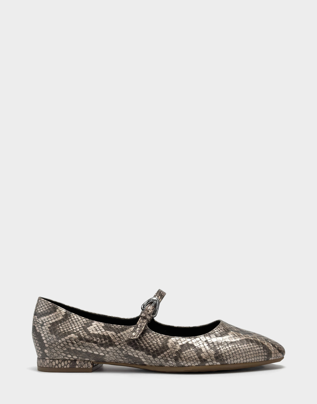 Comfortable Women's Flat In Champagne Snake Print Faux Leather Side View