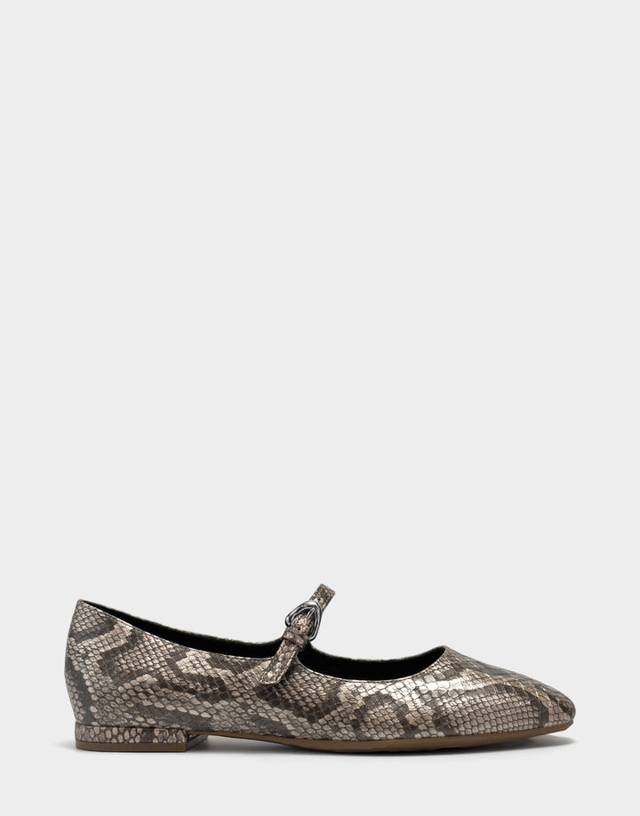 Comfortable Women's Flat In Champagne Snake Print Faux Leather Side View