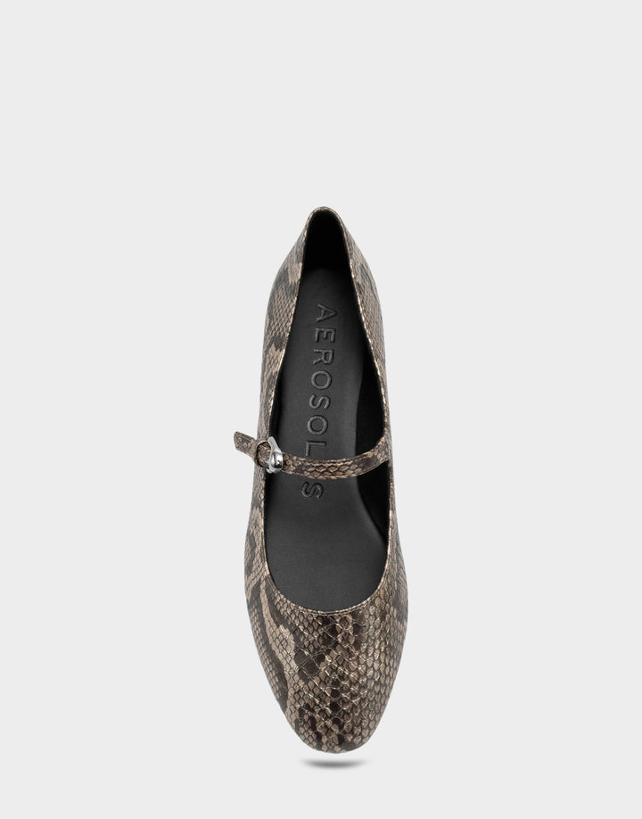 Comfortable Women's Flat In Champagne Snake Print Faux Leather Full Front View