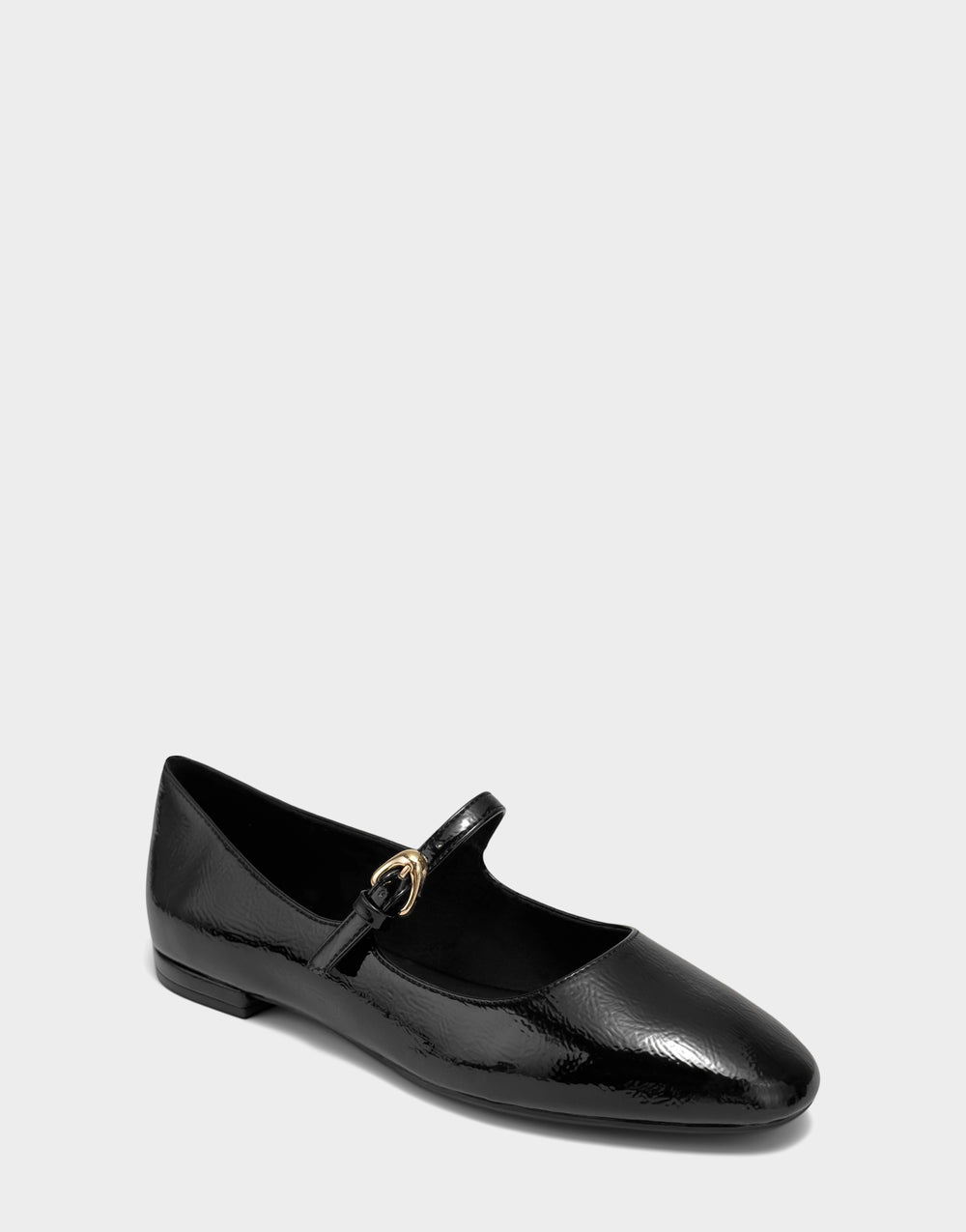 Comfortable Women's Flat In Black Patent Faux Leather Side Angle View