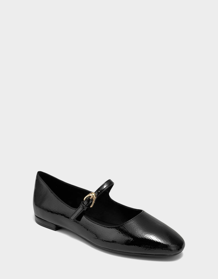 Comfortable Women's Flat In Black Patent Faux Leather Side Angle View