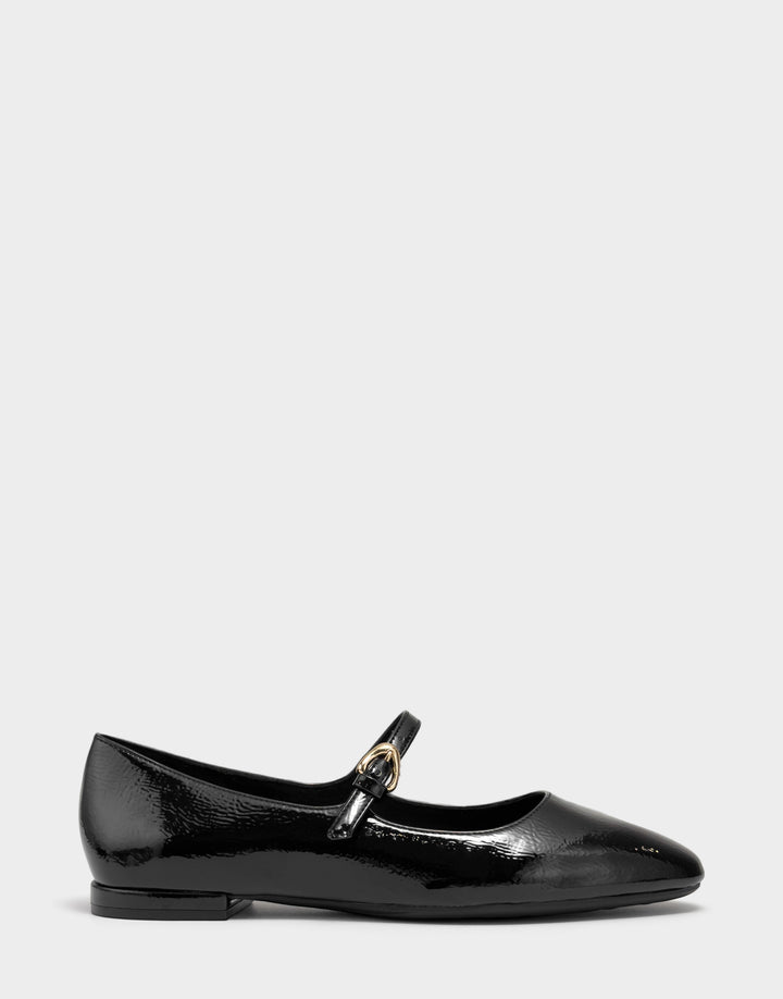 Comfortable Women's Flat In Black Patent Faux Leather Side View