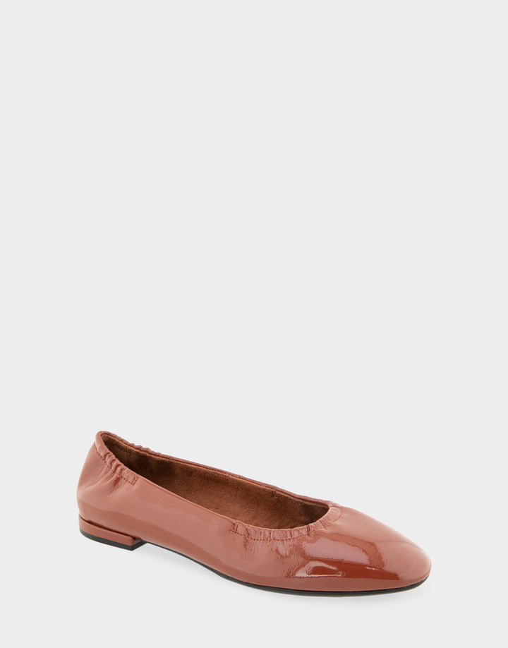 Comfortable Women's Ballet Flat In Brown Patent Faux Leather Side Angle View