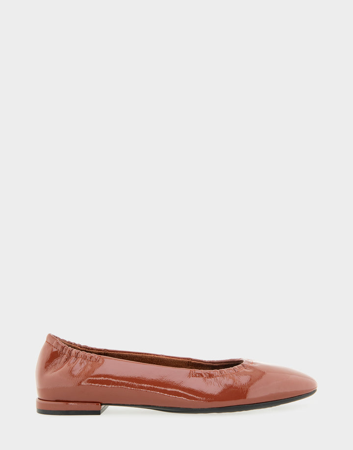 Comfortable Women's Ballet Flat In Brown Patent Faux Leather Side View
