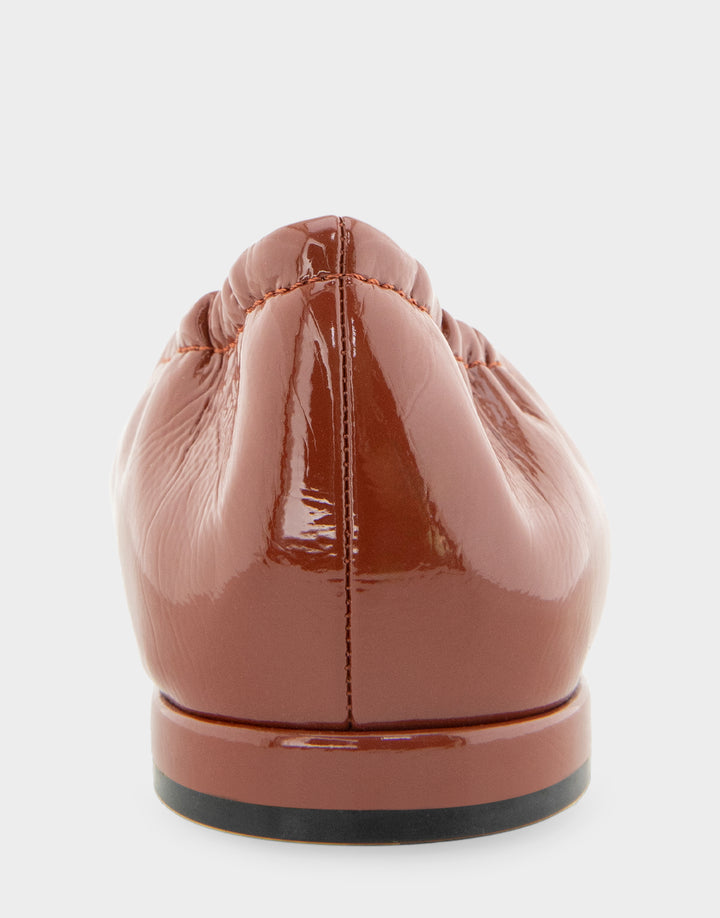 Comfortable Women's Ballet Flat In Brown Patent Faux Leather Back View