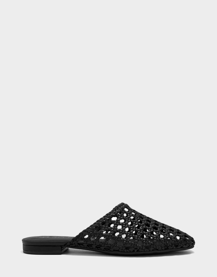 Comfortable Women's Dress Flat in Black Faux Open Woven Side View