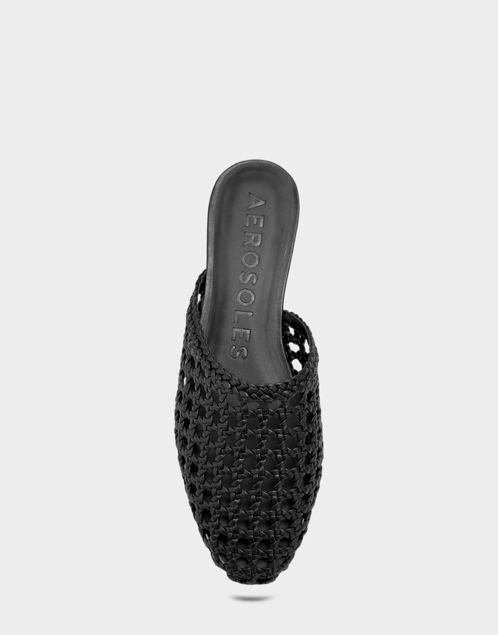 Comfortable Women's Dress Flat in Black Faux Open Woven Full Front View
