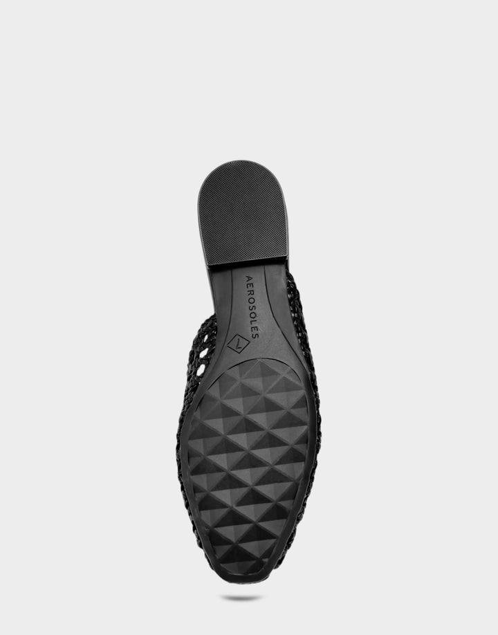 Comfortable Women's Dress Flat in Black Faux Open Woven Bottom View