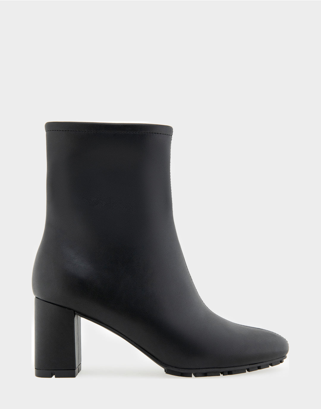 Comfortable Women's Mid Block Heel Bootie In Black Faux Leather Side View