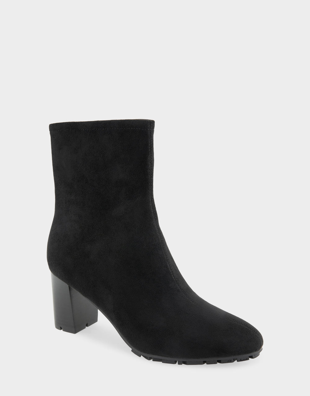 Comfortable Women's Mid Block Heel Bootie In Black Faux Suede Side Angle View