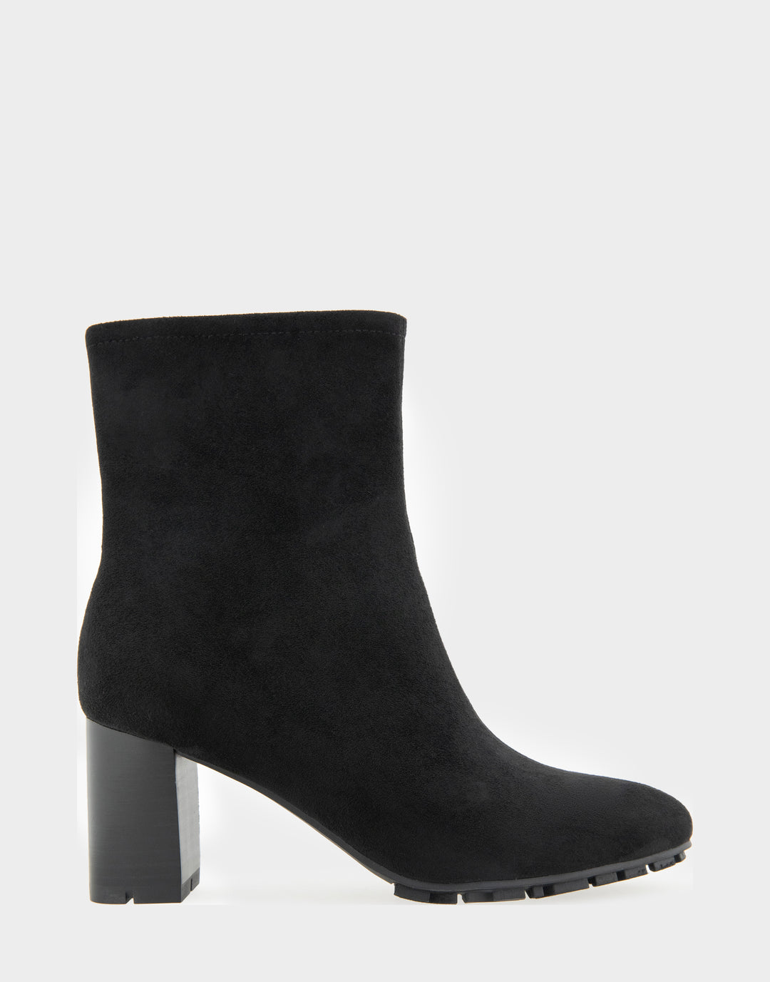 Comfortable Women's Mid Block Heel Bootie In Black Faux Suede Side View