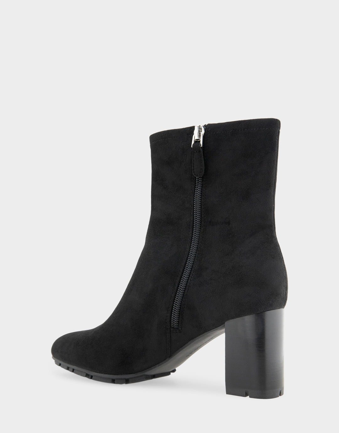 Comfortable Women's Mid Block Heel Bootie In Black Faux Suede Opposite Side Angle View With Zipper