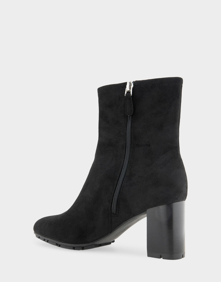 Comfortable Women's Mid Block Heel Bootie In Black Faux Suede Opposite Side Angle View With Zipper