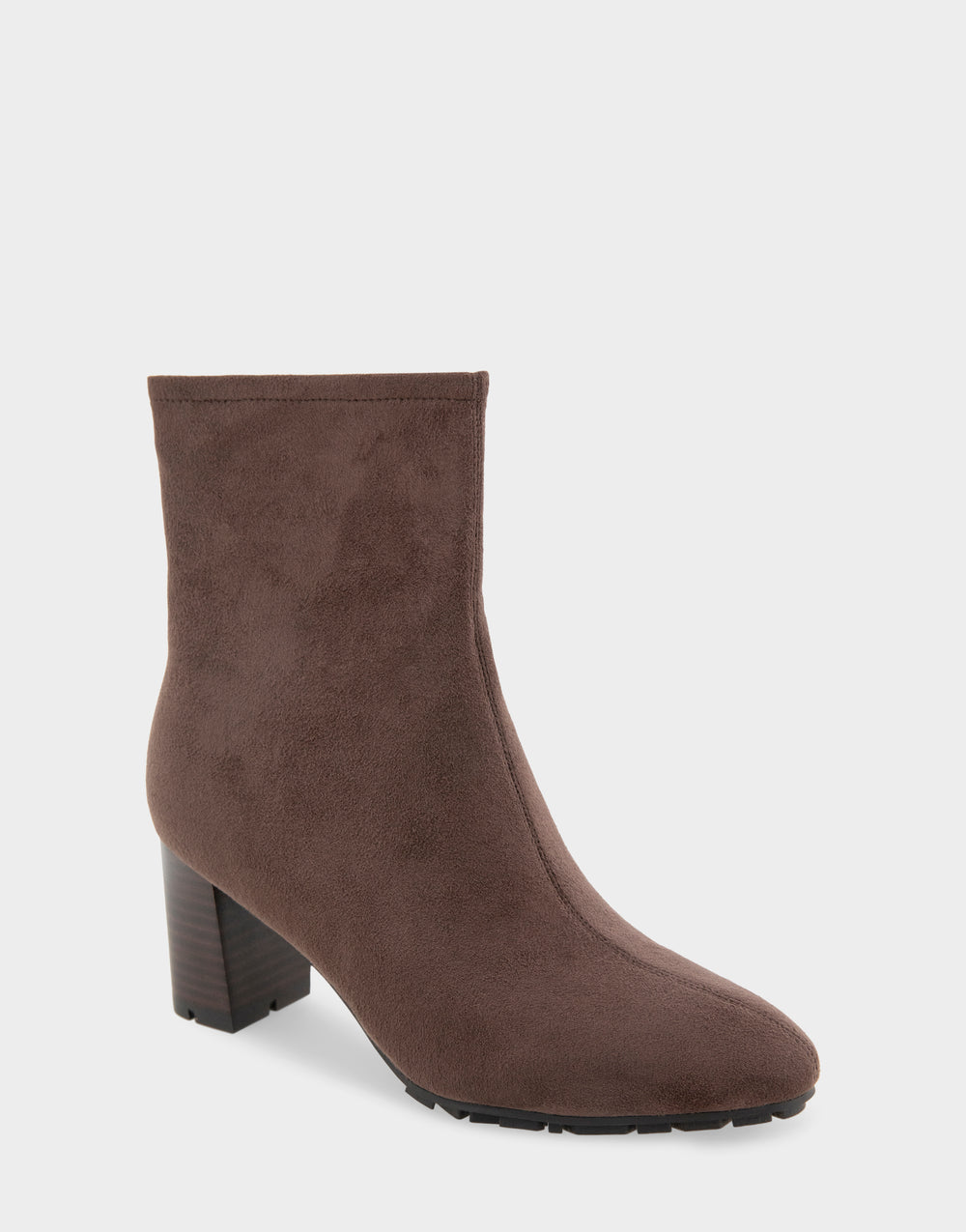 Comfortable Women's Mid Block Heel Bootie In Brown Faux Suede Side Angle View