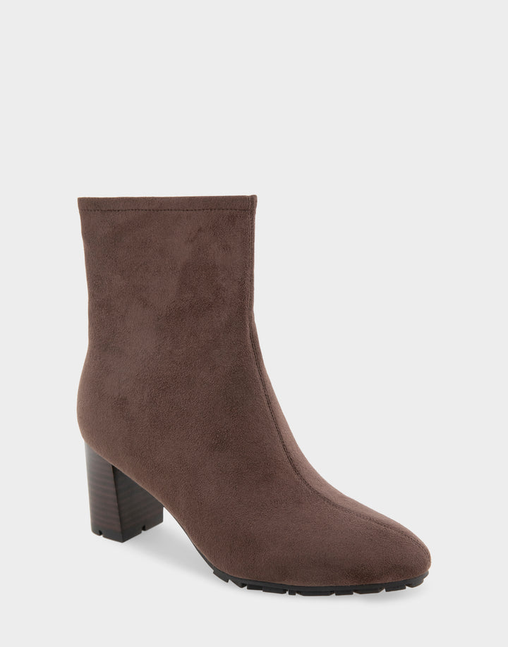 Comfortable Women's Mid Block Heel Bootie In Brown Faux Suede Side Angle View