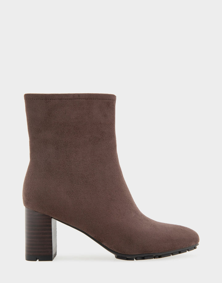 Comfortable Women's Mid Block Heel Bootie In Brown Faux Suede Side View