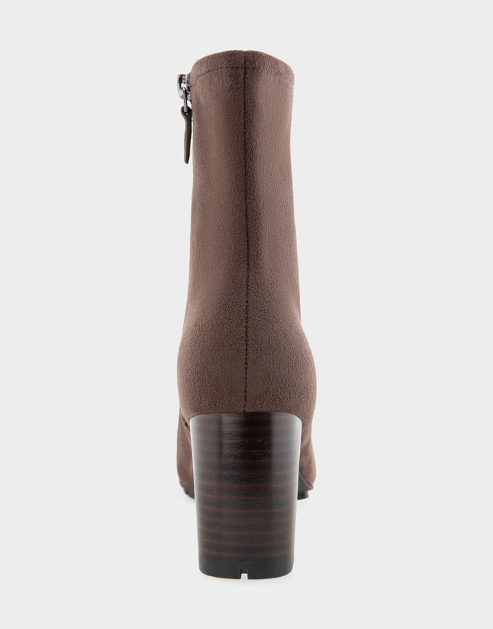Comfortable Women's Mid Block Heel Bootie In Brown Faux Suede Back View