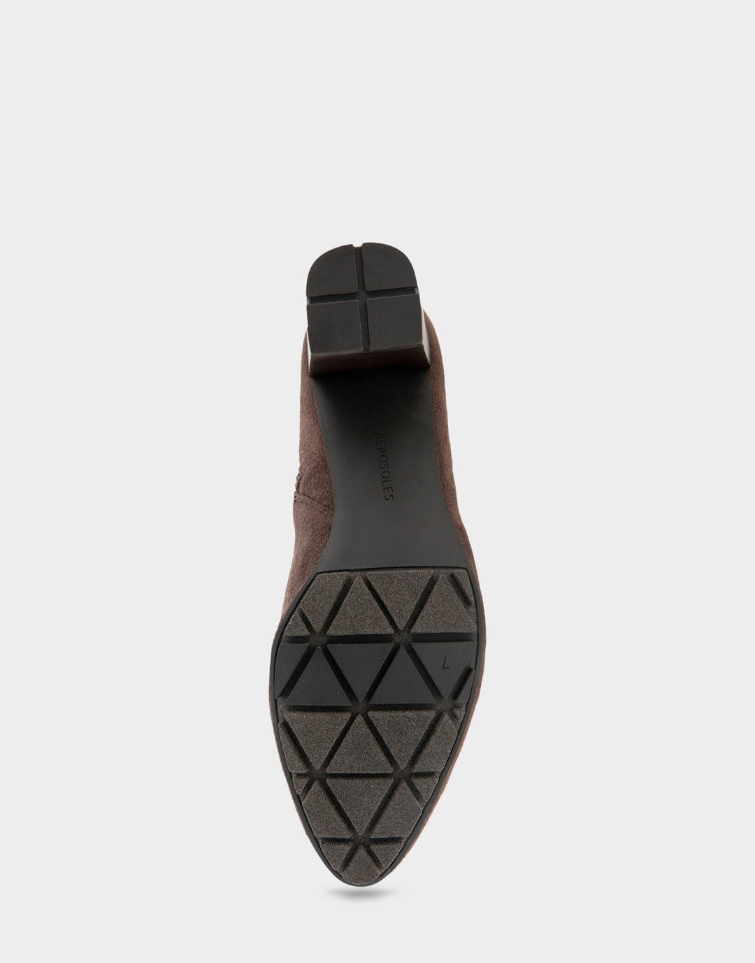 Comfortable Women's Mid Block Heel Bootie In Brown Faux Suede Bottom View