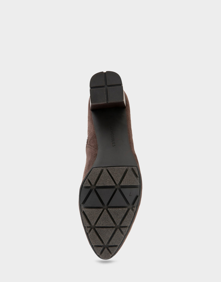 Comfortable Women's Mid Block Heel Bootie In Brown Faux Suede Bottom View