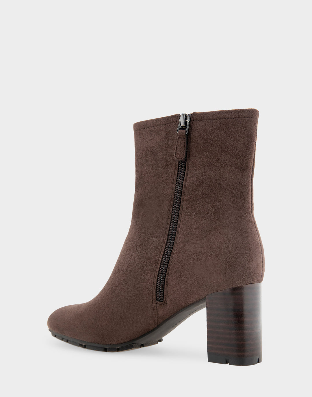 Comfortable Women's Mid Block Heel Bootie In Brown Faux Suede Opposite Side Angle View With Zipper