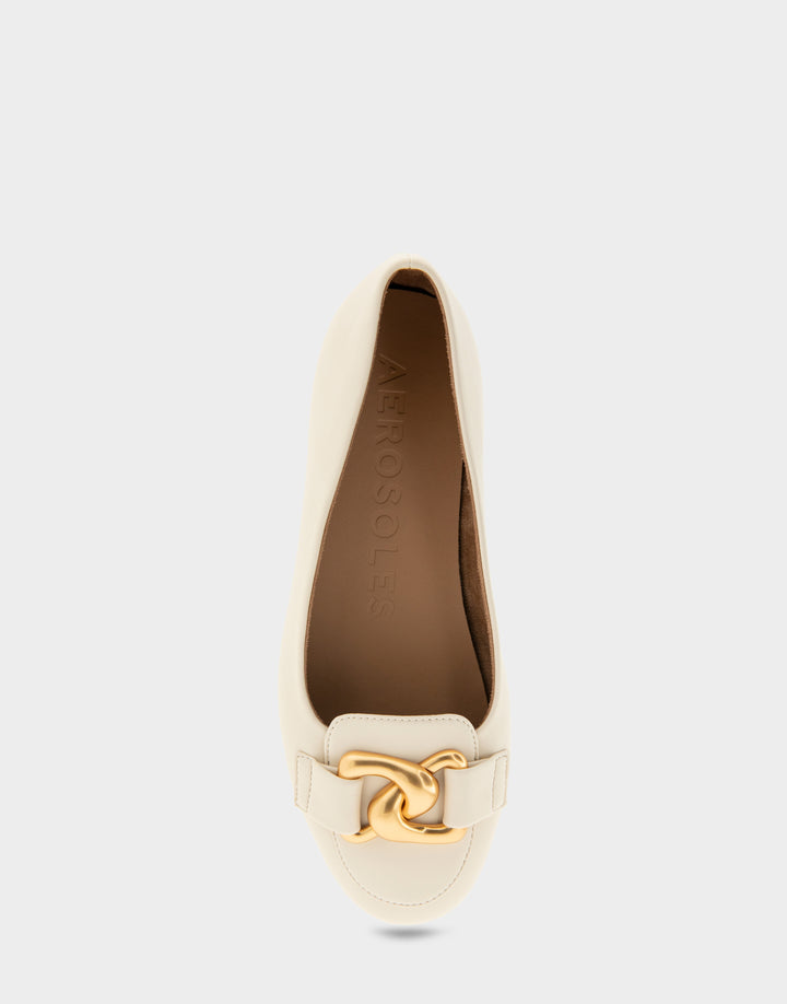 Comfortable Women's Ballet Flats in Eggnog Faux Leather Full Front View