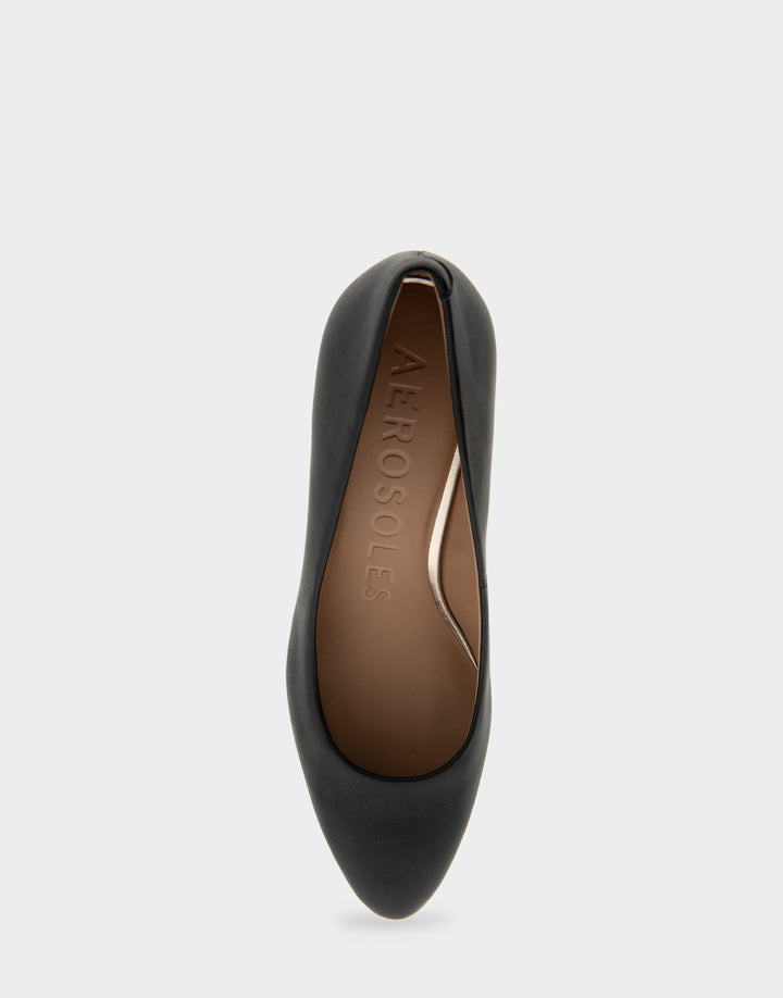 Comfortable Women's Mid Heel Pump in Genuine Black Leather Full Front View