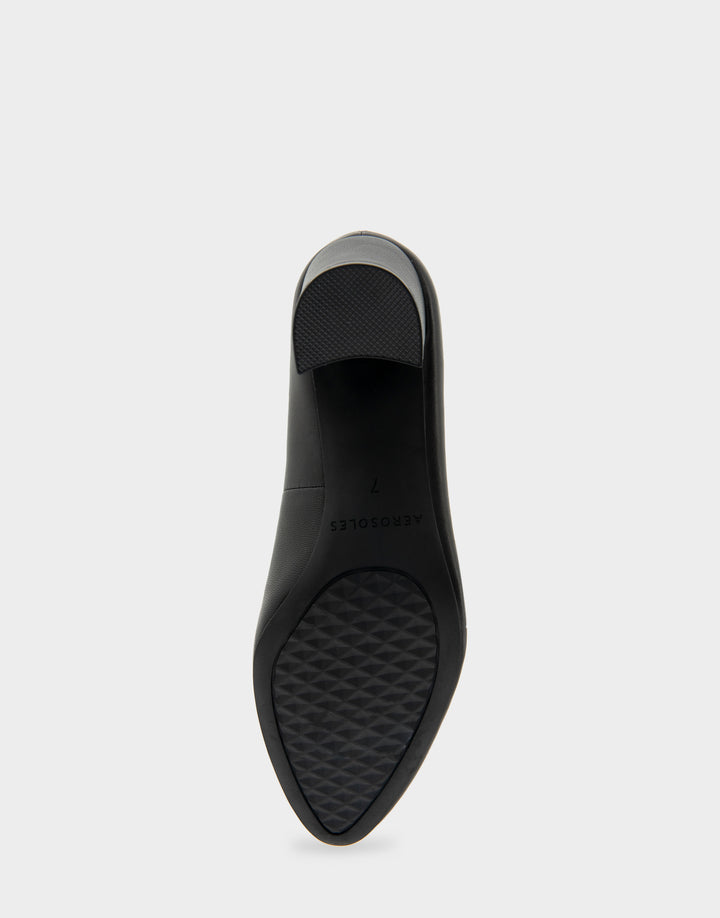 Comfortable Women's Mid Heel Pump in Genuine Black Leather Bottom View