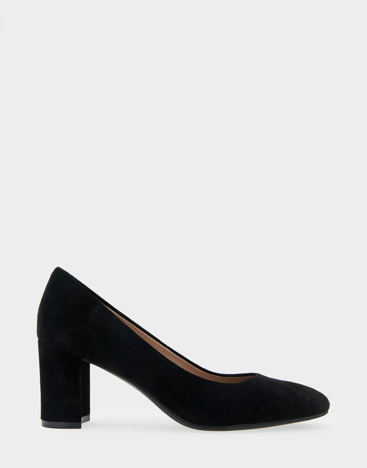 Comfortable Women's Mid Heel Pump in Genuine Black Suede Side View