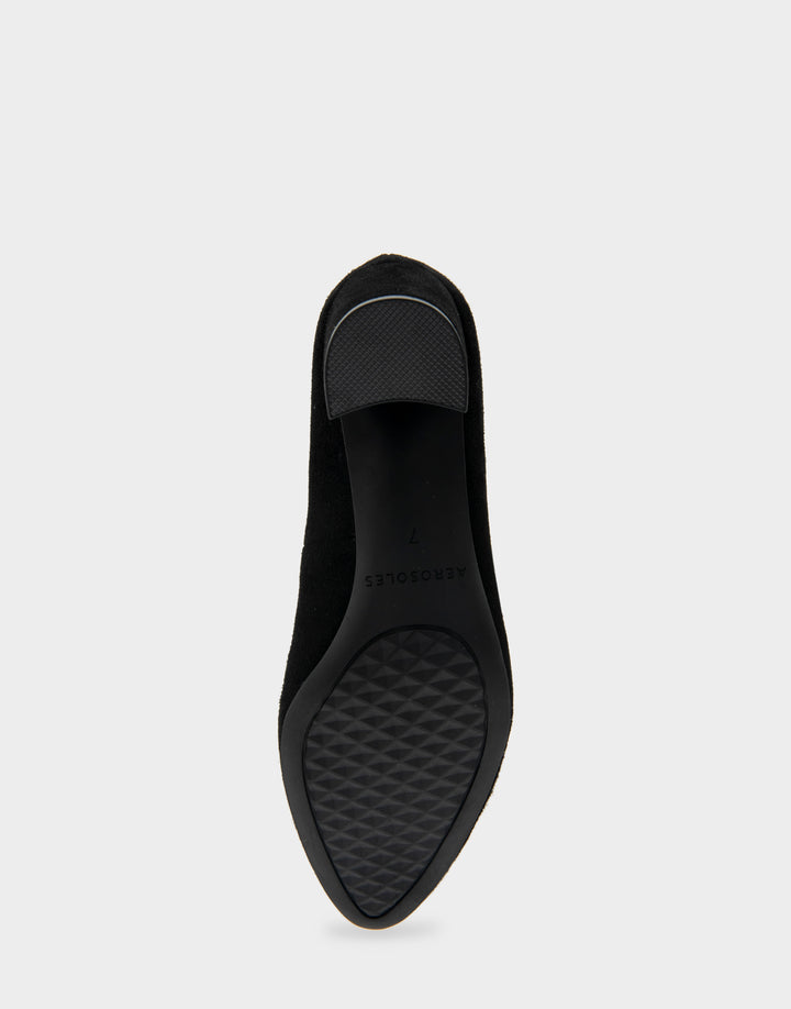 Comfortable Women's Mid Heel Pump in Genuine Black Suede Bottom View