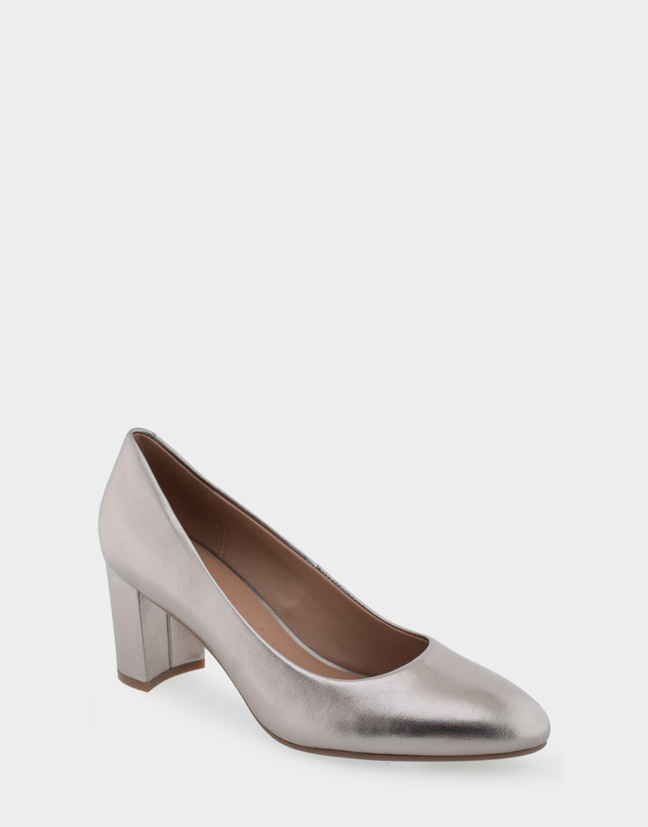 Comfortable Women's Mid Heel Pump in Champagne Genuine Leather Side Angle View