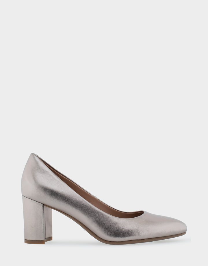 Comfortable Women's Mid Heel Pump in Champagne Genuine Leather Side View