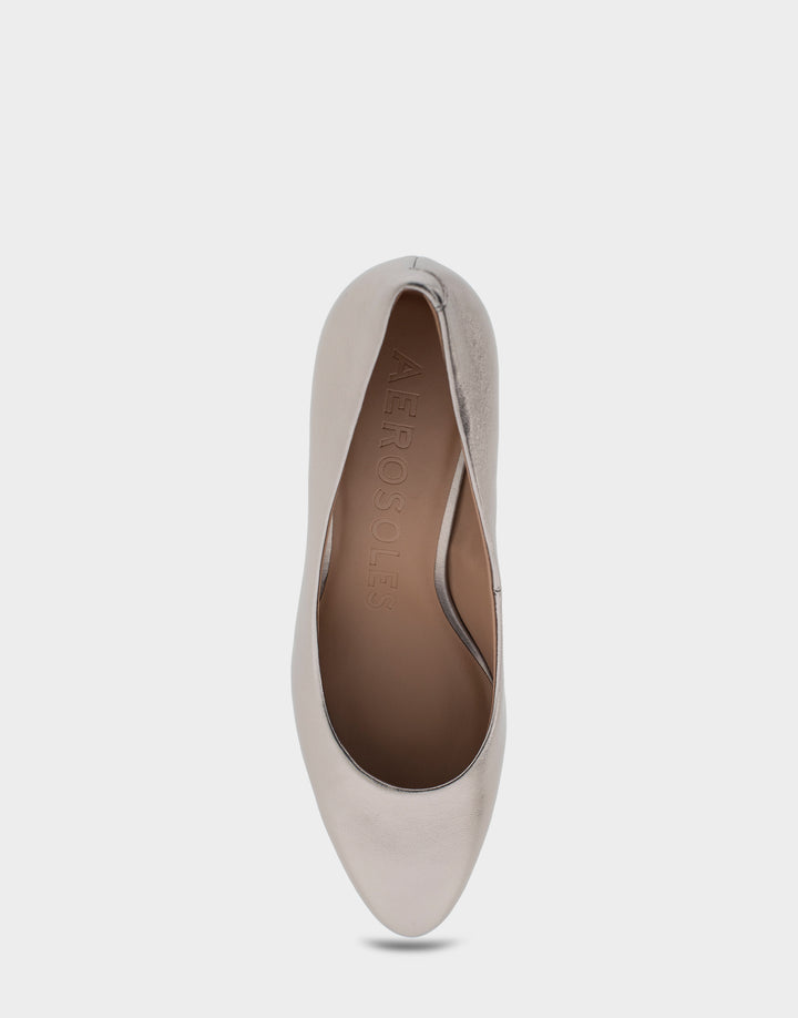 Comfortable Women's Mid Heel Pump in Champagne Genuine Leather Full Front View