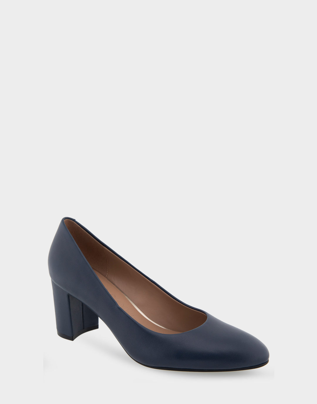 Comfortable Women's Mid Heel Pump in Navy Genuine Leather Side Angle View