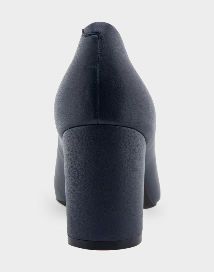 Comfortable Women's Mid Heel Pump in Navy Genuine Leather Back View
